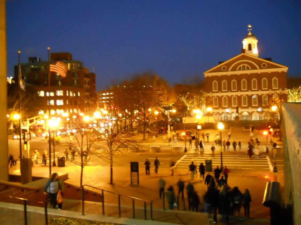 Boston town hall at dusk on Friday night.