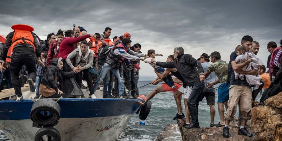 Oct. 11, 2015 - Lesbos Island, Greece - Refugees and Migrants aboard fishing boat driven by smugglers reach the coast of the Greek Island of Lesbos after crossing the Aegean sea from Turkey.
Creator: Antonio Masiello for Freelance