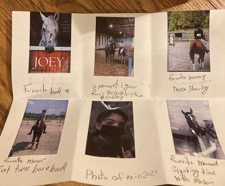 For Christmas, 7th grader Josivi DeCarlo received a book about a horse named Joey. She considers time with her horse Mason and her friends precious moments from 2021.