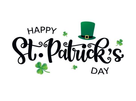 Hand drawn St. Patricks Day logotype. Vector lettering typography with leprechaun’s hat and clovers on white background. Festive design for print, poster, flyer, party invitation, icon, badge, sign